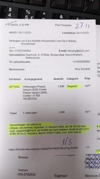 Dezmembrări autoturisme Volkswagen Passat Passat Variant (3G5) Combi 1.6 TDI 16V (DCXA) [88kW]  (08-2014/11-2020=
) 2015/7